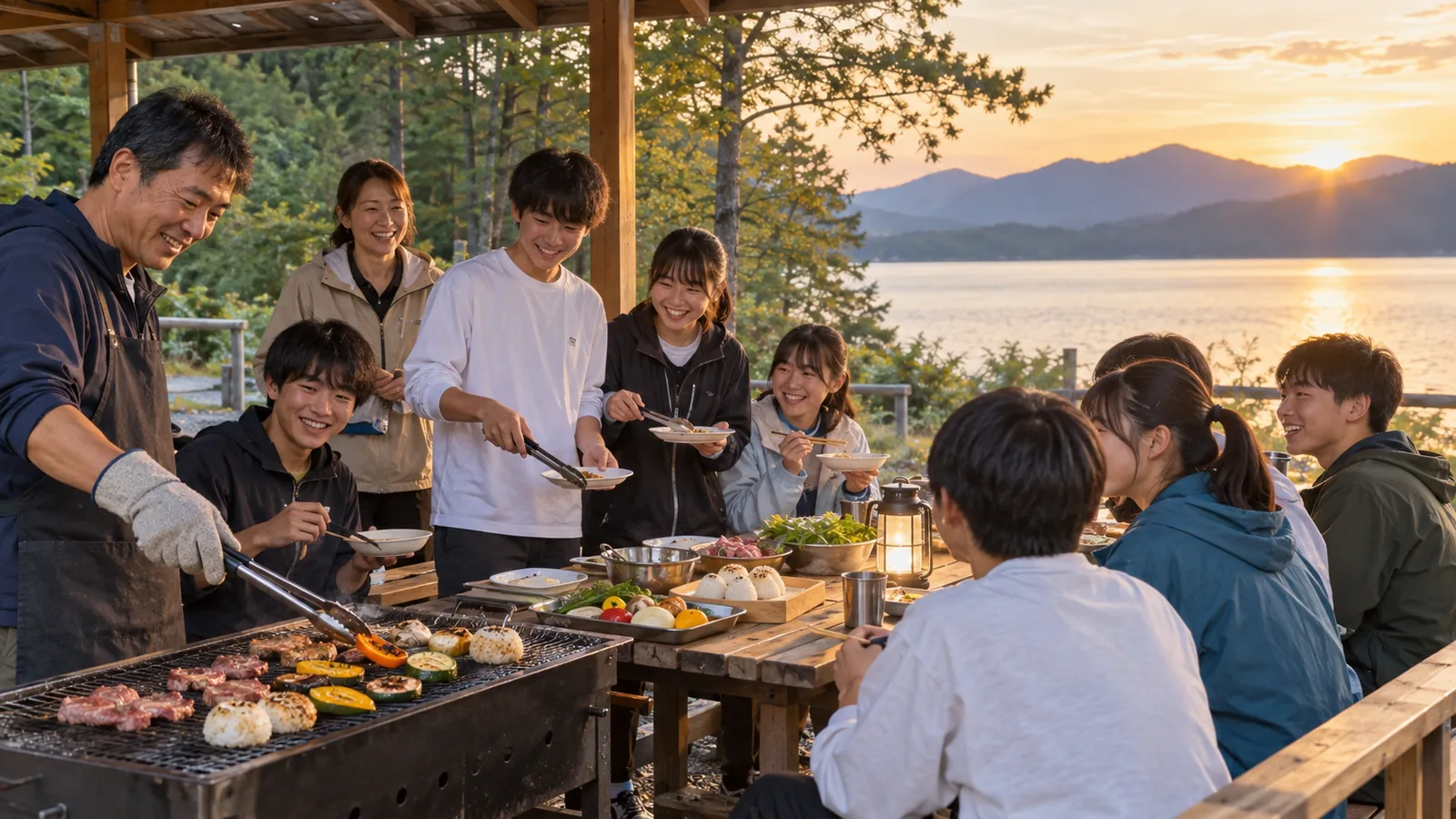 高原の屋外会場で団体BBQを楽しむ学生(イメージ)