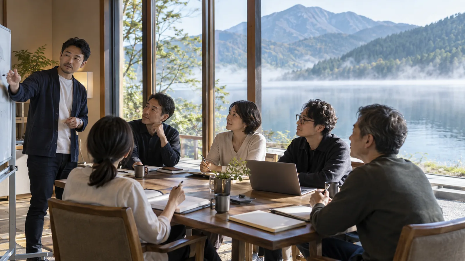 湖畔を望む会場で話し合う企業研修チーム(イメージ)