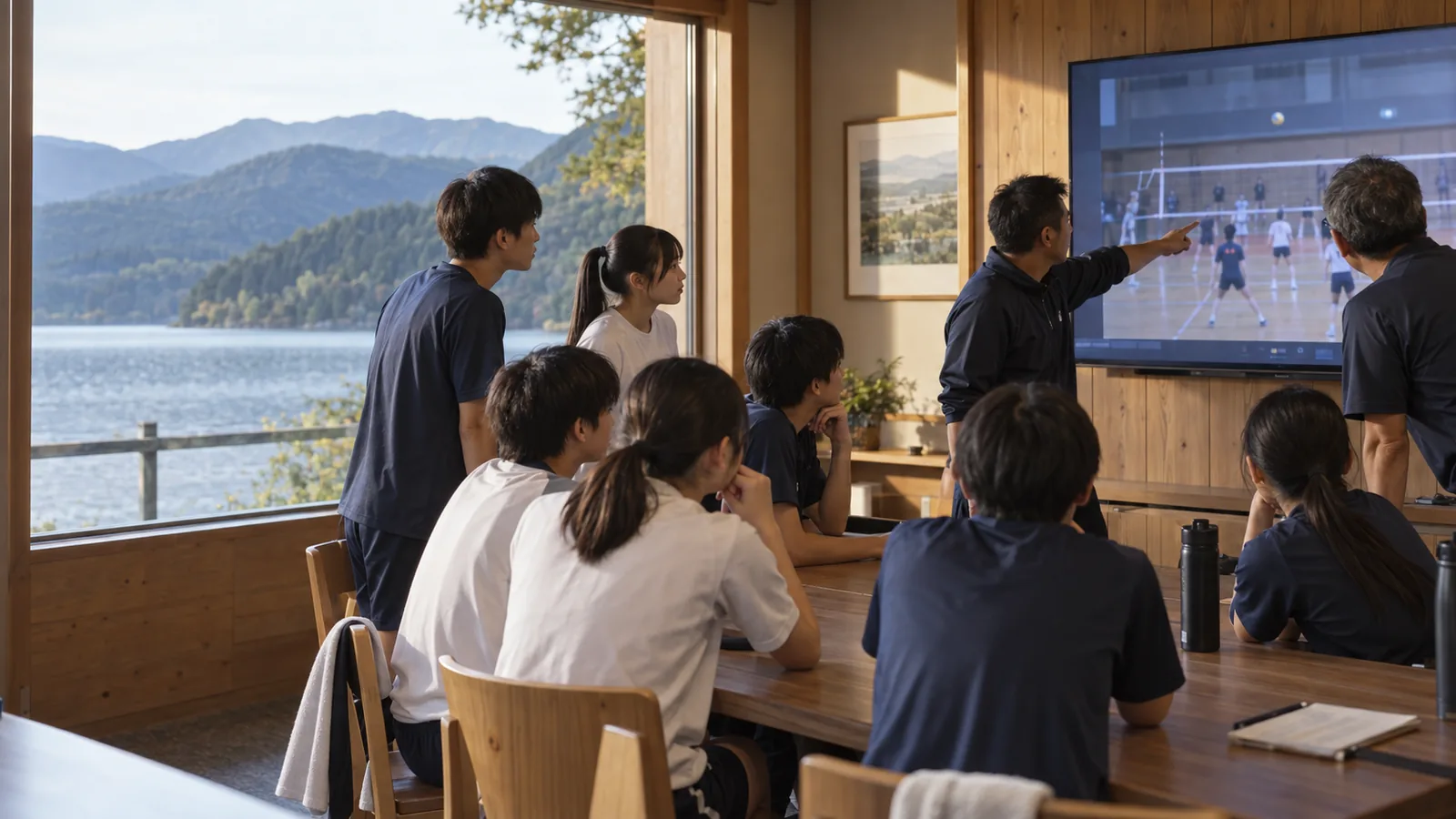 練習映像を大画面で振り返るスポーツ合宿チーム(イメージ)