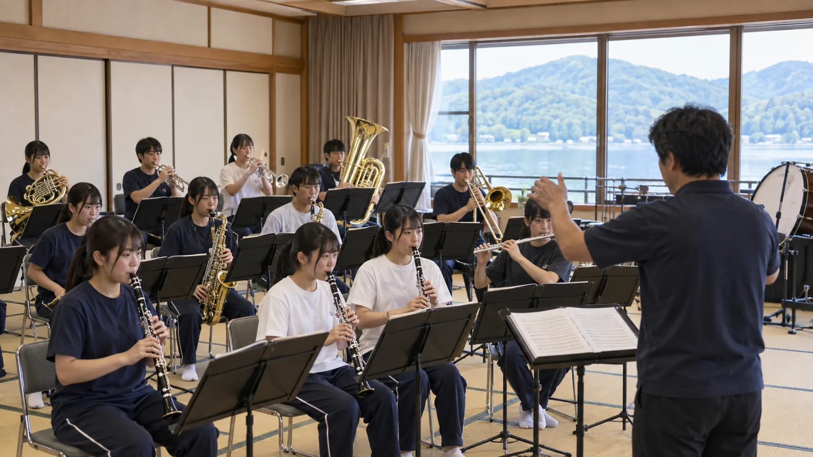 大広間で合奏練習を行う吹奏楽部の合宿(イメージ)